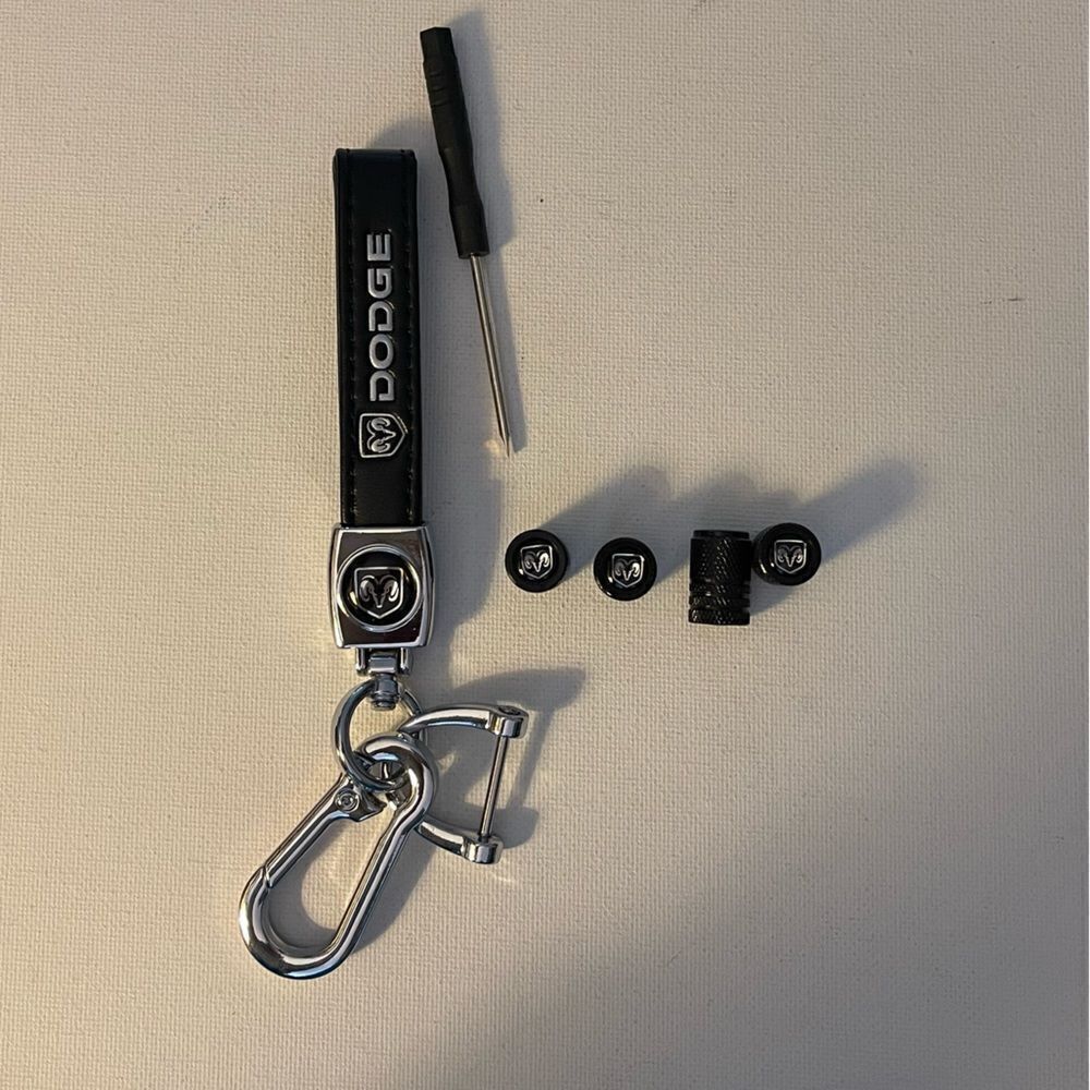 Dodge Logo Key Fob Keychain in Black Leather and Valve Stem Caps in Black NWT